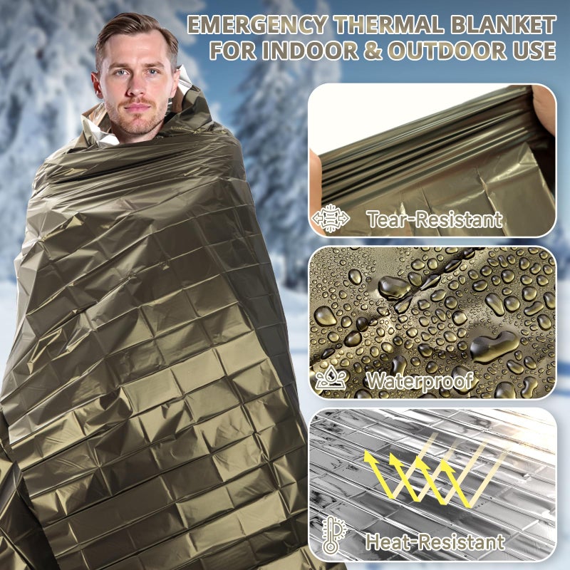 SecuCaptain Survival Emergency Thermal Blankets: Extra Large 84â€ x63â€ Space Mylar Blanket Kit for Outdoor Cold Winter Camping Hiking Car Bug Out Bag or First Aid - 4 Pack Amygreen - Image 5