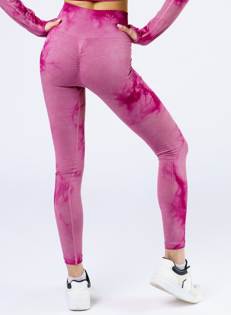 Bernessi Nylon Women's Tie-Dye Gym Leggings High Waist with Tummy Control for Yoga Workout Running Fitness Gym Pants Textured Pink Print  - Image 2