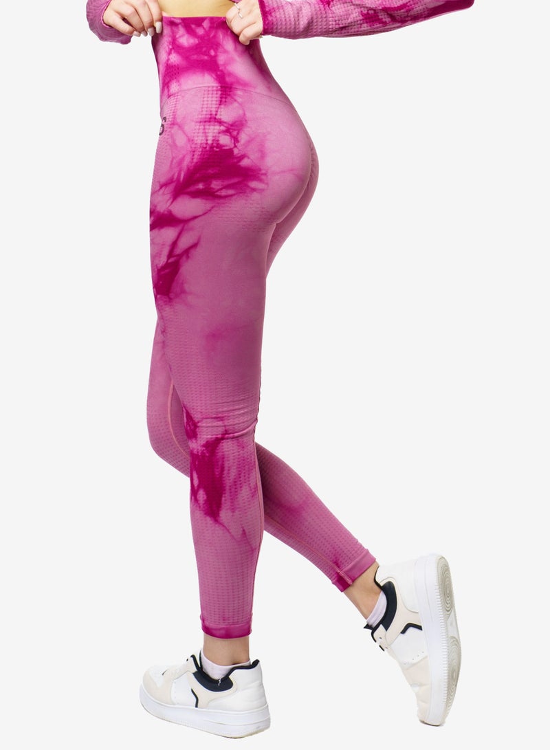 Bernessi Nylon Women's Tie-Dye Gym Leggings High Waist with Tummy Control for Yoga Workout Running Fitness Gym Pants Textured Pink Print  - Image 3