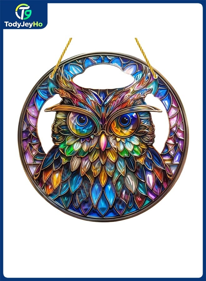 تودي جي هو ديكور البومة معلق رف ، ديكور لوحة أكريليك ملونة ، 15 × 15 سم ضوء الشمس مضاء لوحة ملونة ، ديكور منزل قلادة الفن ، هدية عيد ميلاد تذكارية - Image 1