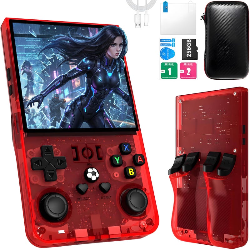 OROMVO R36Max Handheld Game Console  40000+ Games Retro Gaming Console  256Gb Tf Card Mini Retro Video Console  4000Mah Rechargeable 4.0"" Ips Hd Screen Portable Pocket Arcade (Transparent Red) - Image 1