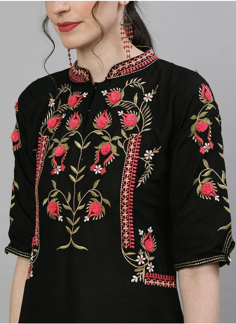 ISHIN Women Black & Pink Ethnic Motifs Embroidered Floral Kurta