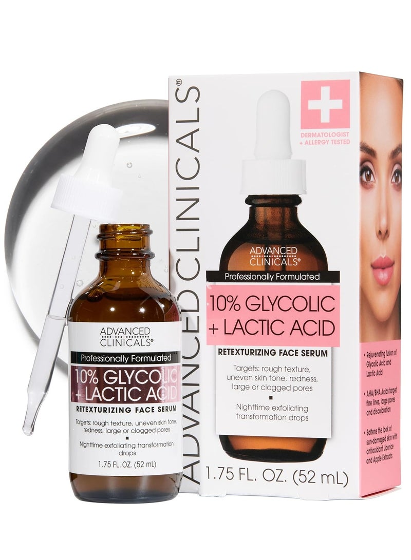 Advanced Clinicals Exfoliating 10% Glycolic Acid Serum For Face + Lactic Acid | Facial Exfoliant AHA + Salicylic Acid Serum To Improve Look Of Large Pores, Uneven Skin Tone, & Dark Spots, 1.75 FL Oz - Image 1