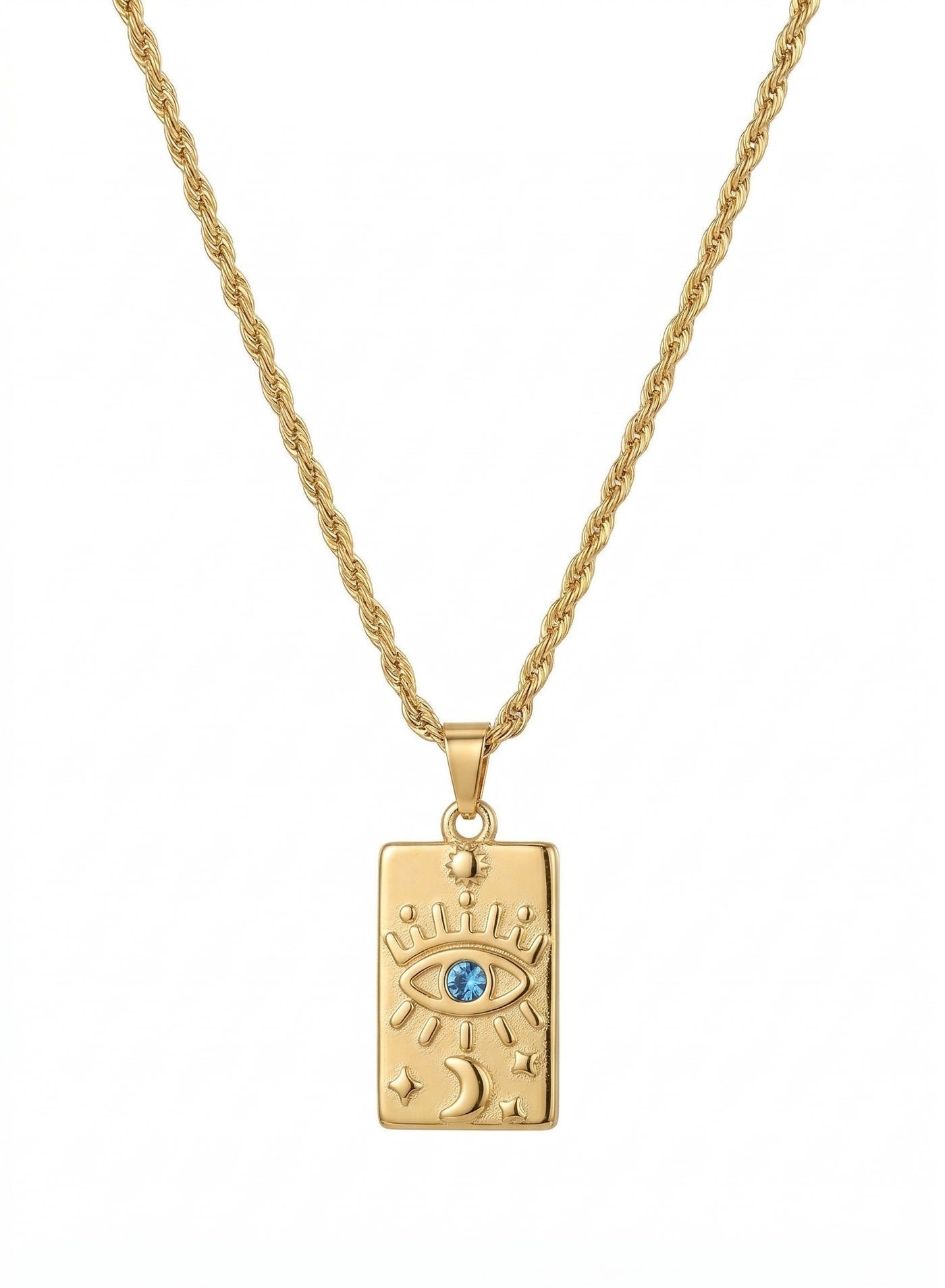 Men's & Women's Gold Evil Eye Necklace with Crown Sun Stars Moon Engraving & Blue Zircon Stone — 18K Gold Plated Rope Chain — Protection Luck & Daily Style Jewelry
