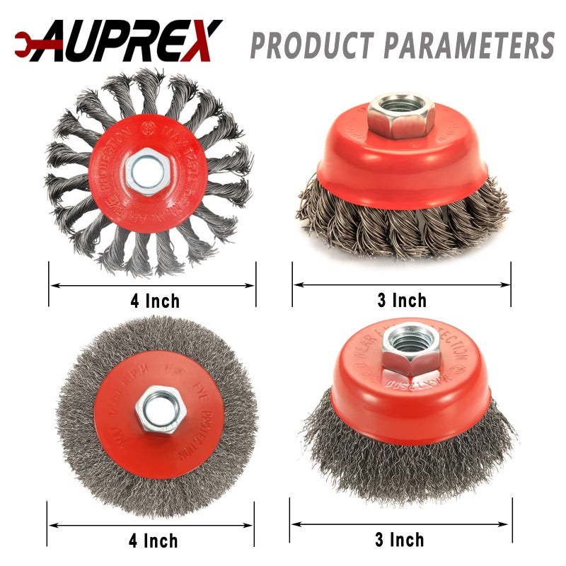 AUPREX 4 Pack Wire Wheel Brush for Angle Grinder, 4 Inch Angle Grinder Wire Wheel Set, 3 Inch Wire Cup Brush for 4 1/2 Angle Grinder, 5/8”-11 Thread Arbor, Twist Knotted Coarse Crimped Wire Brush Set - Image 2