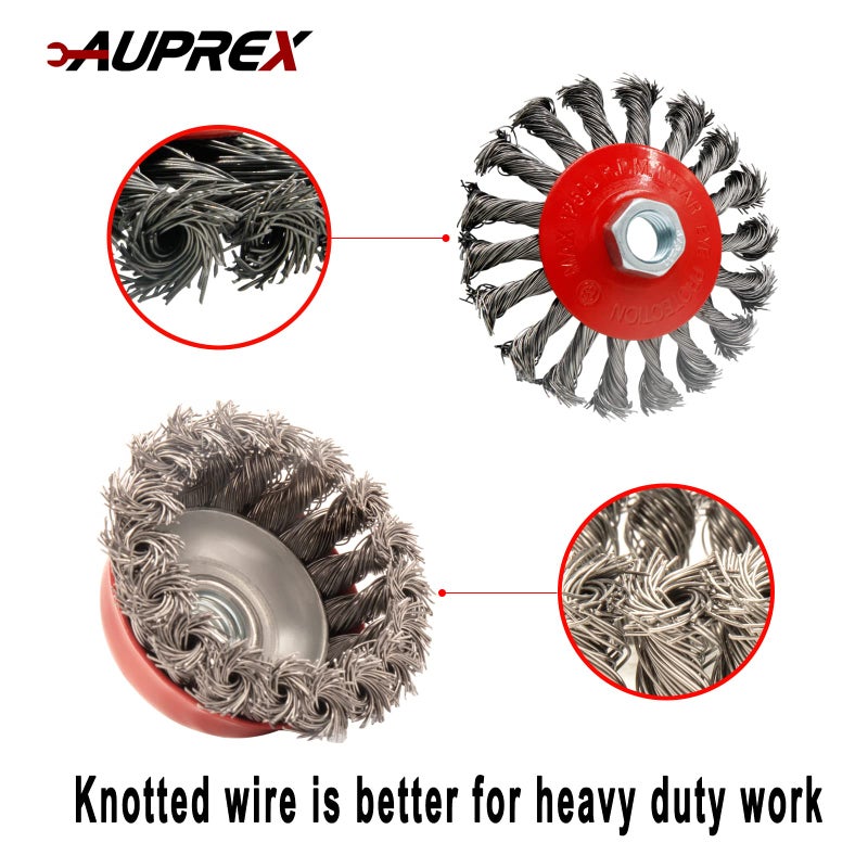 AUPREX 4 Pack Wire Wheel Brush for Angle Grinder, 4 Inch Angle Grinder Wire Wheel Set, 3 Inch Wire Cup Brush for 4 1/2 Angle Grinder, 5/8”-11 Thread Arbor, Twist Knotted Coarse Crimped Wire Brush Set - Image 4