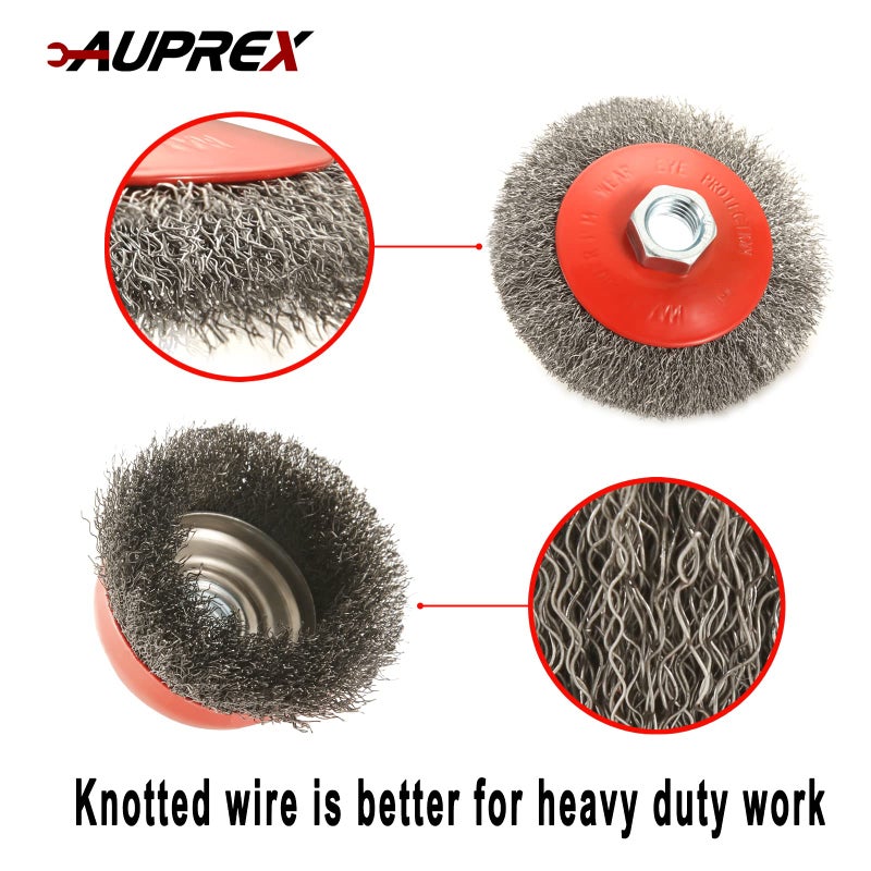 AUPREX 4 Pack Wire Wheel Brush for Angle Grinder, 4 Inch Angle Grinder Wire Wheel Set, 3 Inch Wire Cup Brush for 4 1/2 Angle Grinder, 5/8”-11 Thread Arbor, Twist Knotted Coarse Crimped Wire Brush Set - Image 5