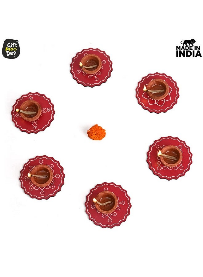 Gift Kya De Pooja Decorations Items for Home Diya, Colorful Coaster Set of 6 (3.5 x 3.5 inches) Diwali, Pooja Room, Home, for Gift Items for Family, Office (Red) - Image 3