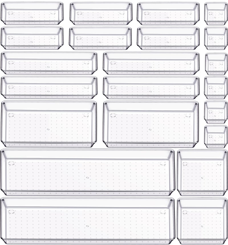 Criusia 22 Pcs Drawer Organizer Bins Acrylic Non Slip Kitchen Drawer Organizers Storage Tray Divider Multifunctional Storage for Cosmetics Bathroom Tools Kitchen and Office