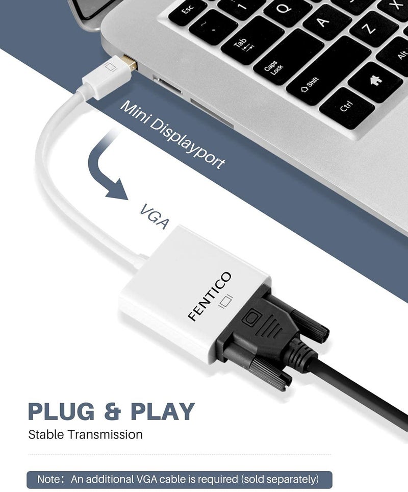 FENTICO Mini DisplayPort to VGA Adapter - Mini DP to VGA Converter - 1080p Video - mDP or Thunderbolt 1/2 Mac/PC to VGA for Monitor/Projector/Display - Image 2