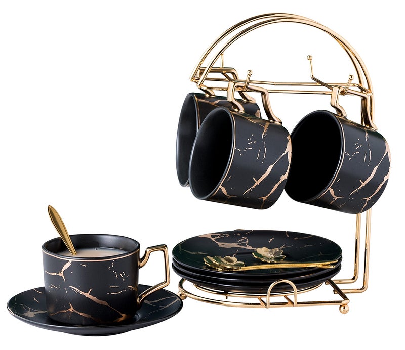 Jusalpha Serve of 4 Hand Printed Golden Matte Ceramic Marble Tea CoffeeTea Cups with Spoons and Cup Holder 7OZ TCS26 BlackGold Serve of 4