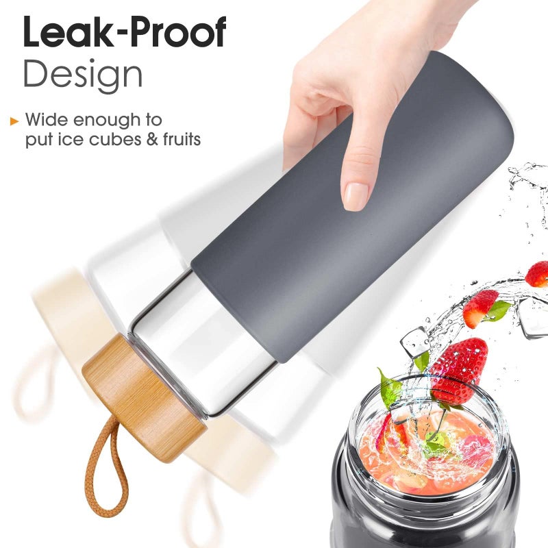 Yomious زجاجات مياه بوروسيليكات 20 أونصة من يوميوس مع غلاف سيليكون خالي من BPA، آمنة في غسالة الصحون - زجاج شفاف قابل لإعادة الاستخدام مع غطاء من الخيزران مانع للتسرب | زجاجات مياه مثالية للصالات الرياضية للرجال والنساء - Image 4