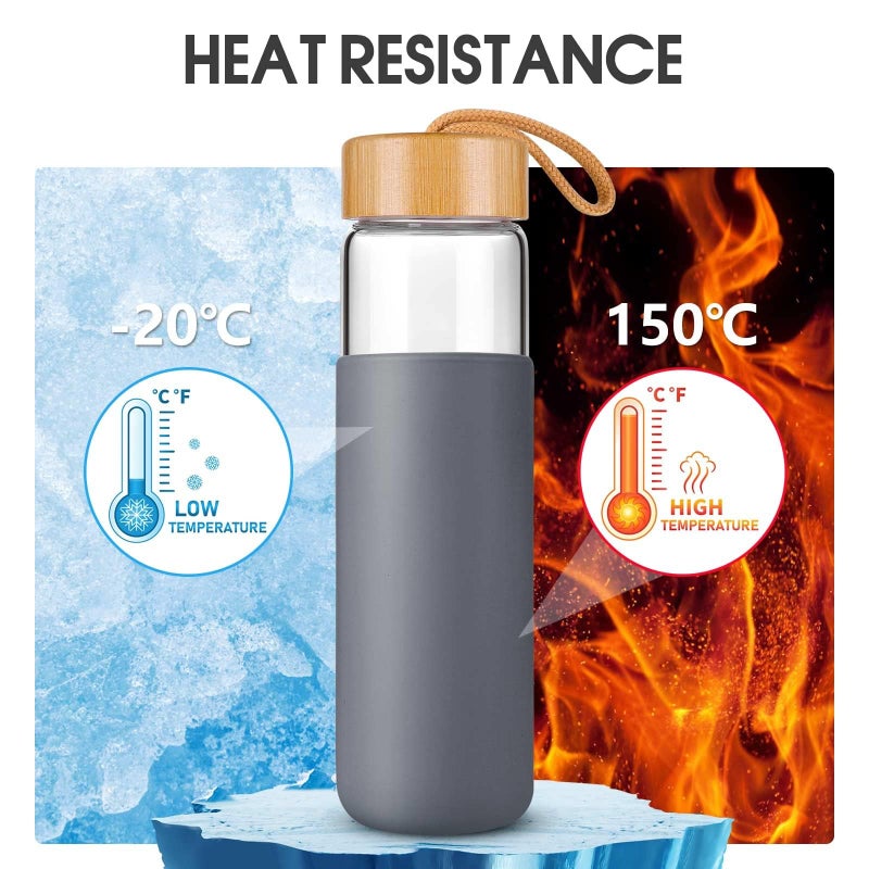 Yomious زجاجات مياه بوروسيليكات 20 أونصة من يوميوس مع غلاف سيليكون خالي من BPA، آمنة في غسالة الصحون - زجاج شفاف قابل لإعادة الاستخدام مع غطاء من الخيزران مانع للتسرب | زجاجات مياه مثالية للصالات الرياضية للرجال والنساء - Image 5