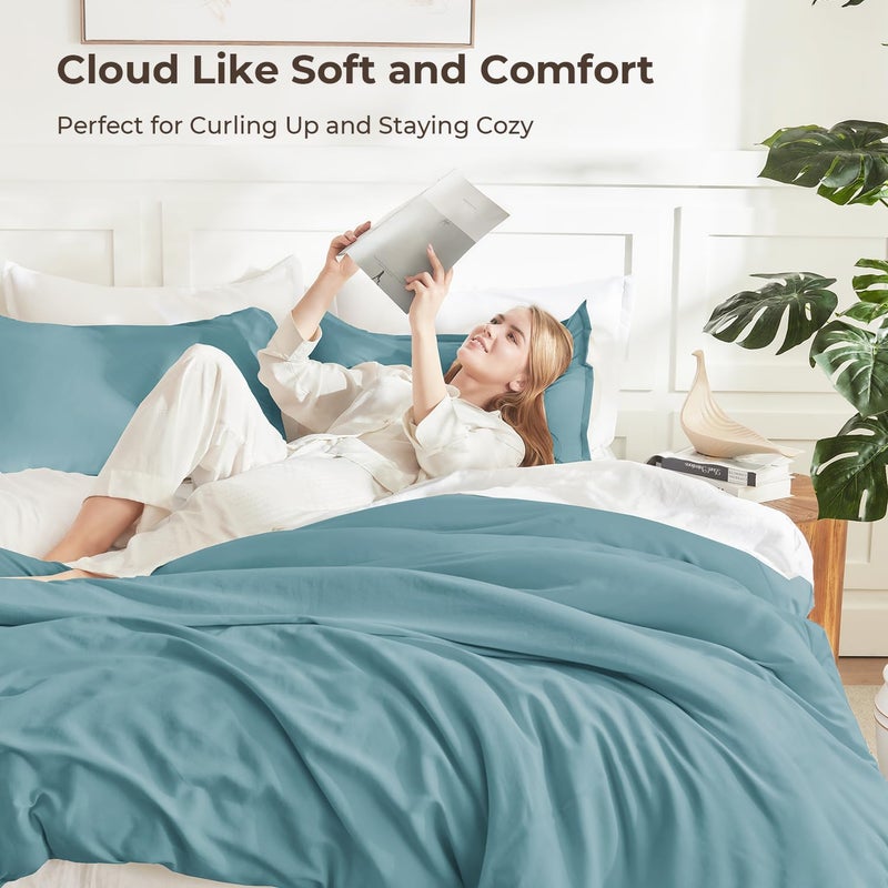 Grayish Teal Comforter Queen Size, 3 Pieces Lightweight Solid Bedding Set, All Season Fluffy Bed Set (90x90In Comforter & 2 Pillowcases) - Image 2