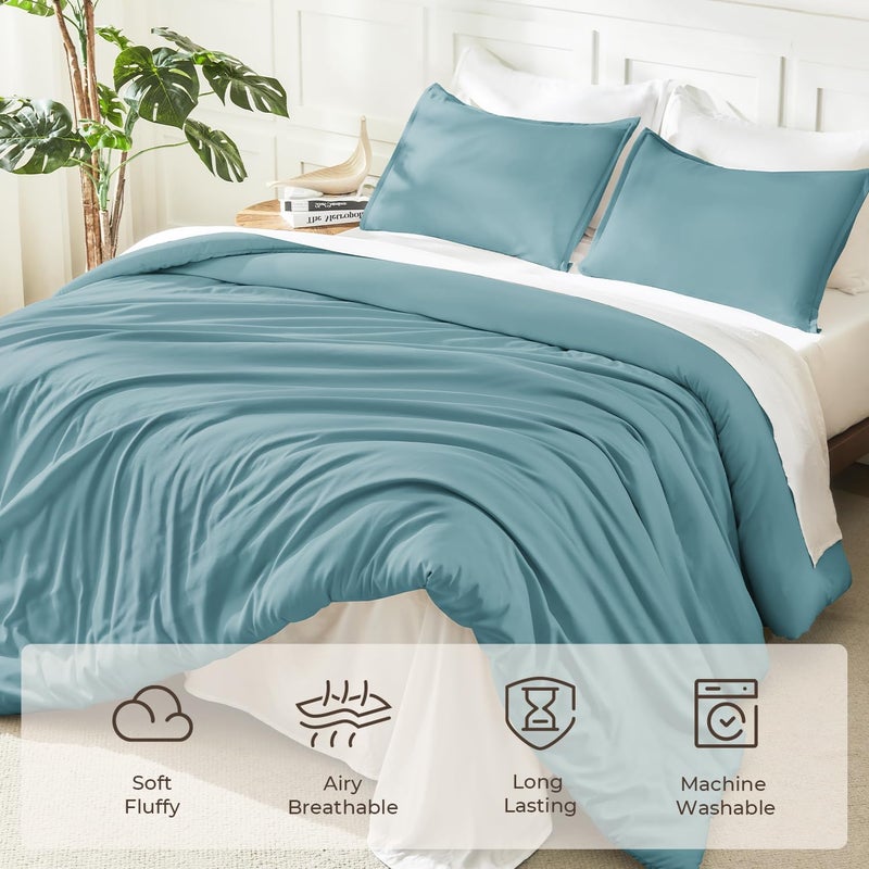 Grayish Teal Comforter Queen Size, 3 Pieces Lightweight Solid Bedding Set, All Season Fluffy Bed Set (90x90In Comforter & 2 Pillowcases) - Image 3