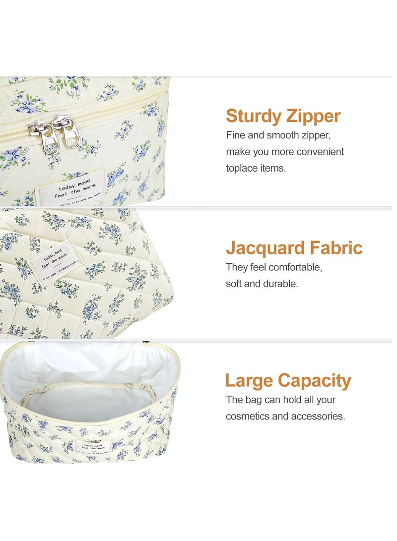 Cosmetic Bag, 3-Piece Makeup Bag Set, Cotton Quilted Shower Bag, Large Floral Travel Toiletry Bag for Women, Lovely Aesthetic Floral Wash Bag for Women Girls (Blue Flower) - Image 5