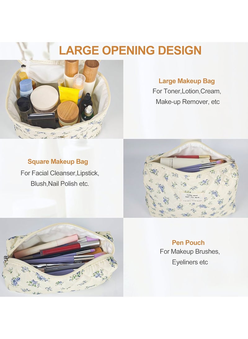 Cosmetic Bag, 3-Piece Makeup Bag Set, Cotton Quilted Shower Bag, Large Floral Travel Toiletry Bag for Women, Lovely Aesthetic Floral Wash Bag for Women Girls (Blue Flower) - Image 4