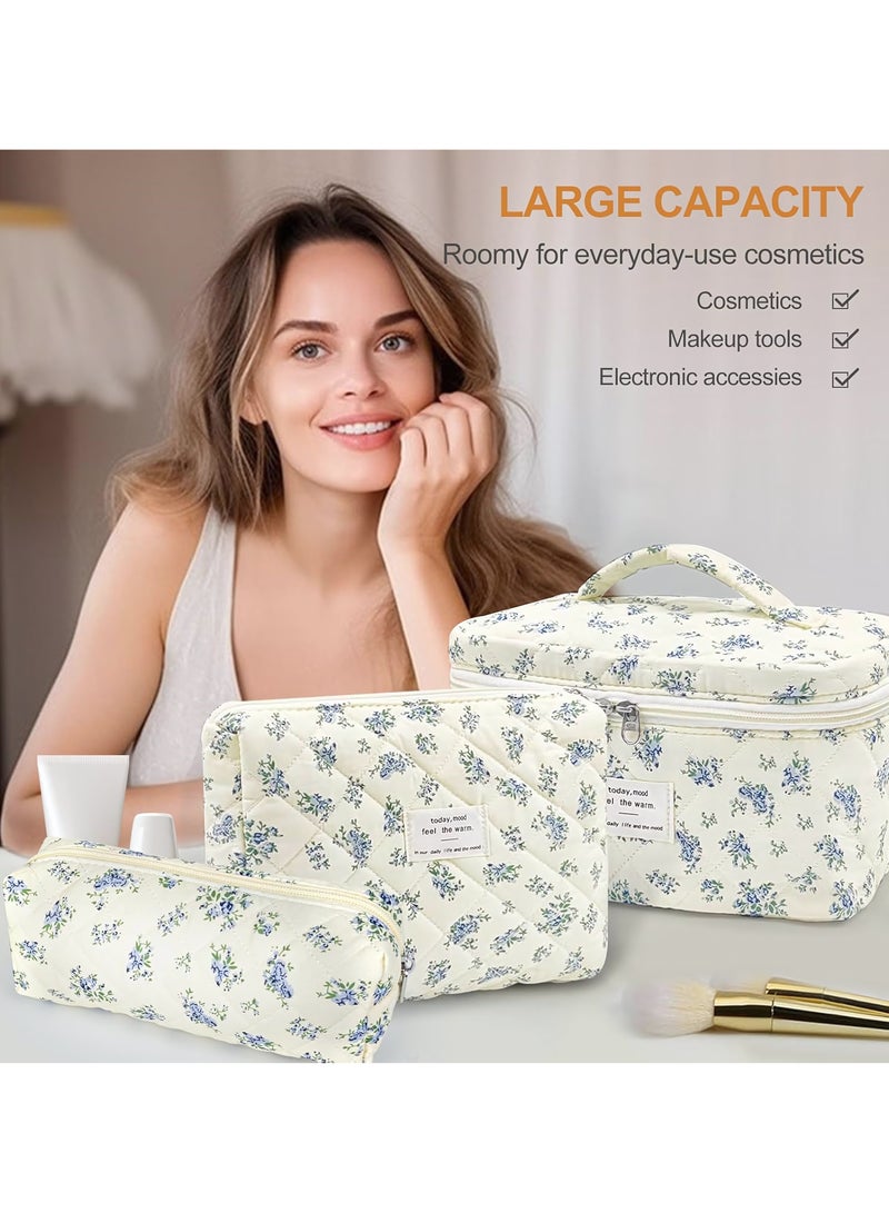 Cosmetic Bag, 3-Piece Makeup Bag Set, Cotton Quilted Shower Bag, Large Floral Travel Toiletry Bag for Women, Lovely Aesthetic Floral Wash Bag for Women Girls (Blue Flower) - Image 2