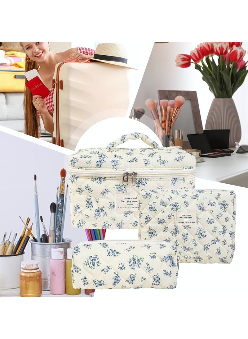 Cosmetic Bag, 3-Piece Makeup Bag Set, Cotton Quilted Shower Bag, Large Floral Travel Toiletry Bag for Women, Lovely Aesthetic Floral Wash Bag for Women Girls (Blue Flower) - Image 1