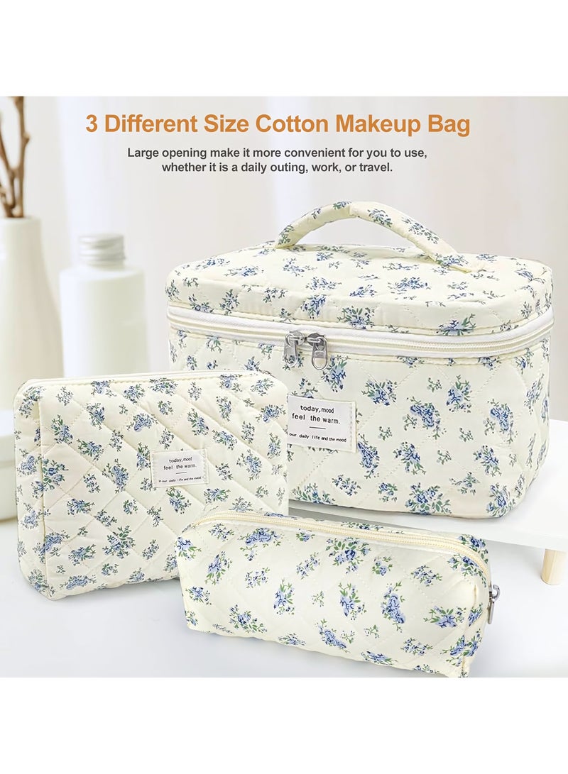 Cosmetic Bag, 3-Piece Makeup Bag Set, Cotton Quilted Shower Bag, Large Floral Travel Toiletry Bag for Women, Lovely Aesthetic Floral Wash Bag for Women Girls (Blue Flower) - Image 3