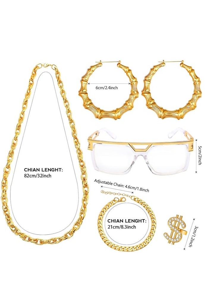 KASTWAVE - 80s/ 90s Hip Hop Costume Kit, 5 Pcs Rapper Outfit Accessories Gold Chain, Sunglasses, Gold Rapper Chain and Ring, Gold Earrings - Image 1