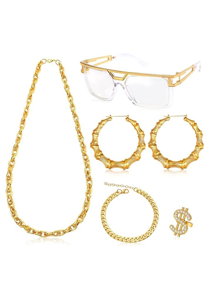 KASTWAVE - 80s/ 90s Hip Hop Costume Kit, 5 Pcs Rapper Outfit Accessories Gold Chain, Sunglasses, Gold Rapper Chain and Ring, Gold Earrings - Image 1