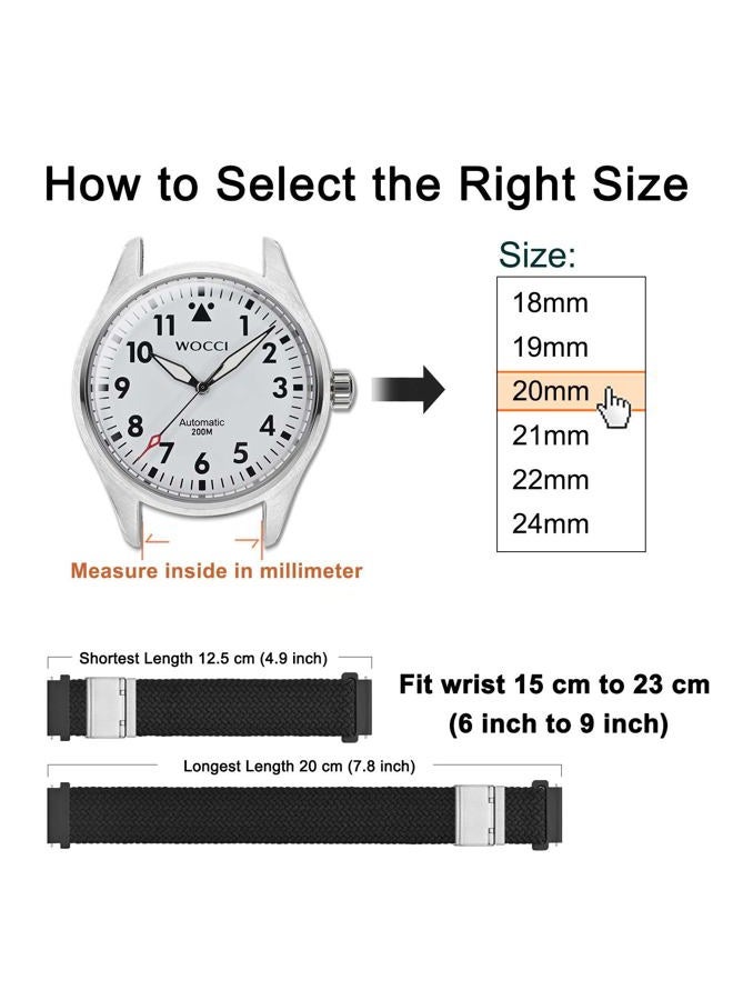 WOCCI 20mm Braided Nylon Watch Band for Men and Women, Quick Release, Silver Stainless Steel Buckle (Black) - Image 4