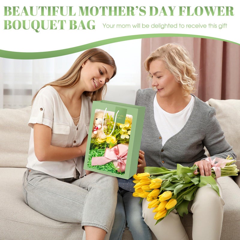 Yahenda 24 Pcs Mother's Day Gift Bags with Clear Window 13.8 x 9.8 x 5.9 Large Transparent Paper Bouquet Totes Bags with Handle for Wedding Birthday(Sage Green) - Image 4