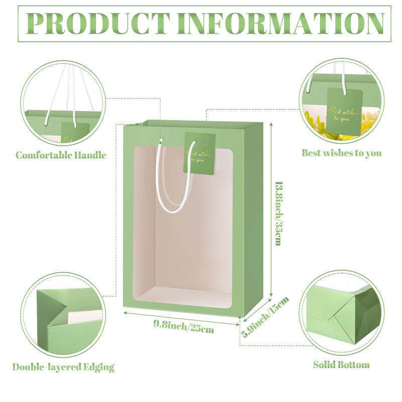 Yahenda 24 Pcs Mother's Day Gift Bags with Clear Window 13.8 x 9.8 x 5.9 Large Transparent Paper Bouquet Totes Bags with Handle for Wedding Birthday(Sage Green) - Image 3
