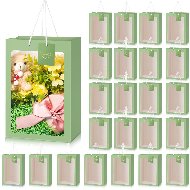 Yahenda 24 Pcs Mother's Day Gift Bags with Clear Window 13.8 x 9.8 x 5.9 Large Transparent Paper Bouquet Totes Bags with Handle for Wedding Birthday(Sage Green) - Image 1