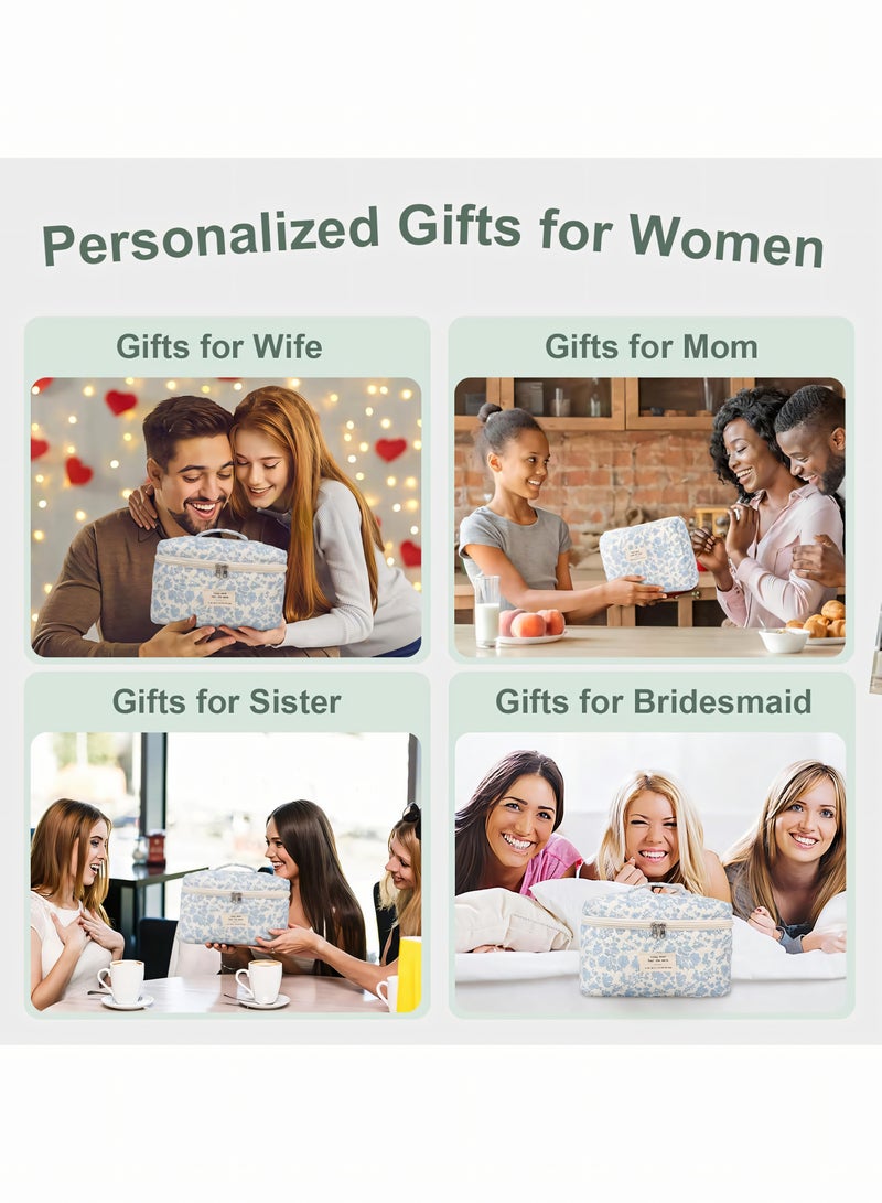 Cosmetic Bag, 3-Piece Cotton Quilted Makeup Bag Set, Large Floral Travel Toiletry Bag for Women, Aesthetic Toiletry Bags for Women Girls, Wash Bag for Travel and Bathroom - Image 5