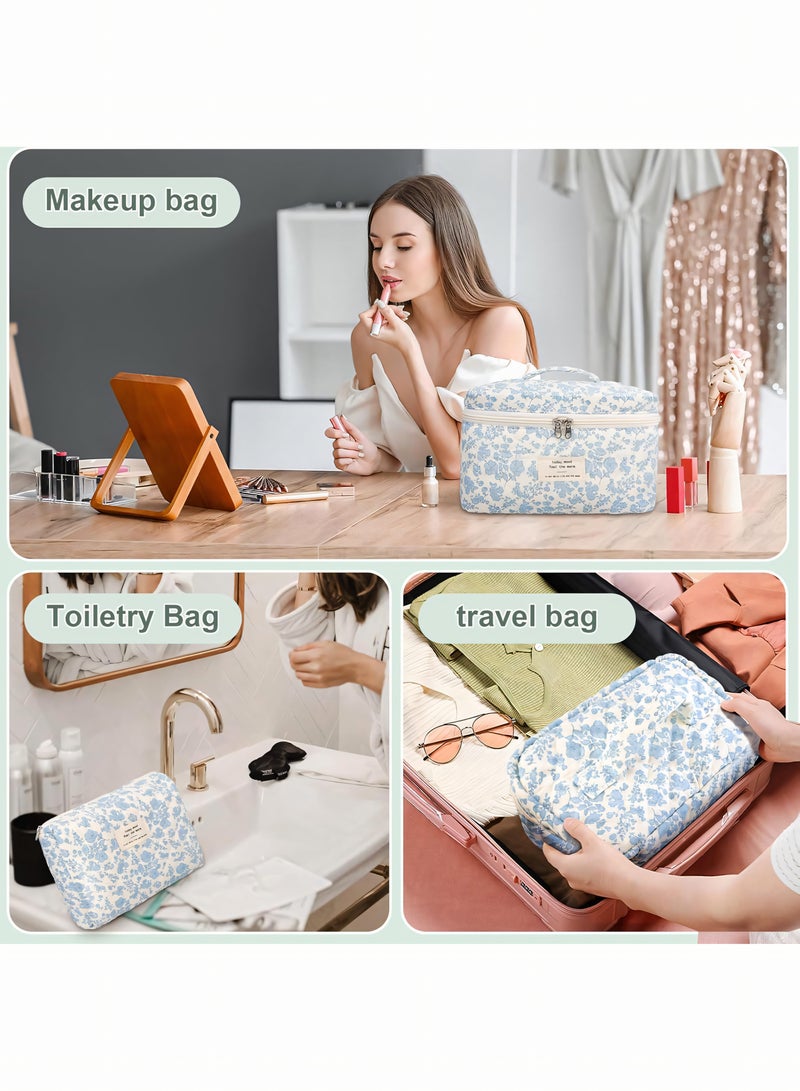 Cosmetic Bag, 3-Piece Cotton Quilted Makeup Bag Set, Large Floral Travel Toiletry Bag for Women, Aesthetic Toiletry Bags for Women Girls, Wash Bag for Travel and Bathroom - Image 4
