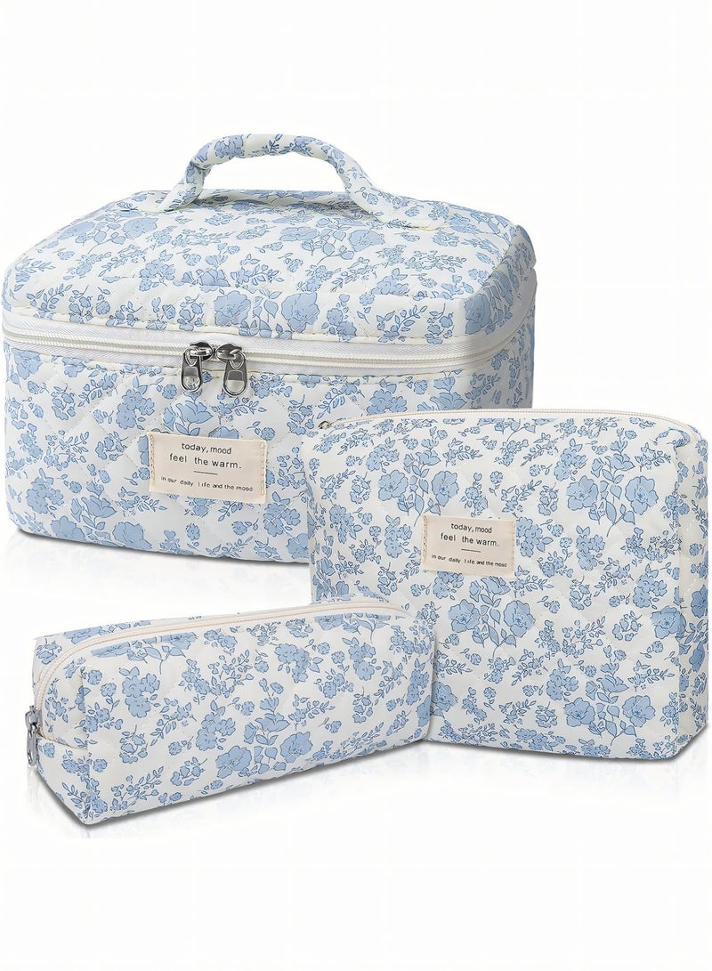Cosmetic Bag, 3-Piece Cotton Quilted Makeup Bag Set, Large Floral Travel Toiletry Bag for Women, Aesthetic Toiletry Bags for Women Girls, Make Up Bag for Travel and Bathroom - Image 1