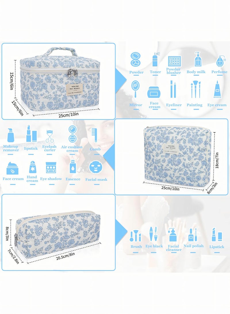 Cosmetic Bag, 3-Piece Cotton Quilted Makeup Bag Set, Large Floral Travel Toiletry Bag for Women, Aesthetic Toiletry Bags for Women Girls, Make Up Bag for Travel and Bathroom - Image 5