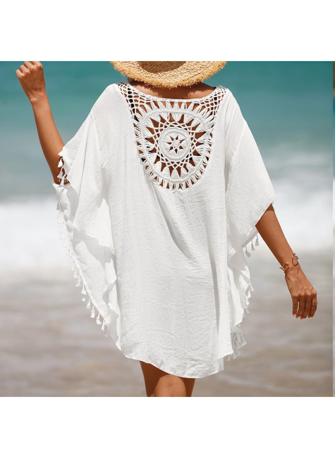 إسكدنيا بلوزة شاطئ مجوفة بشراشيب، ملابس سباحة بي أوروبية وأمريكية، قميص واقي من الشمس للشاطئ، اللون: مشمش، - Image 5