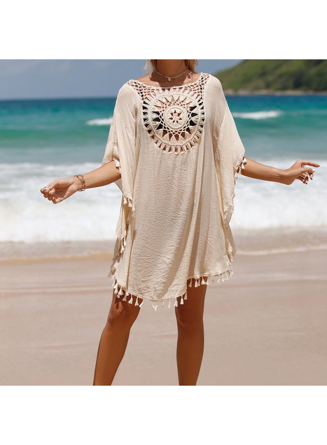 إسكدنيا بلوزة شاطئ مجوفة بشراشيب، ملابس سباحة بي أوروبية وأمريكية، قميص واقي من الشمس للشاطئ، اللون: مشمش، - Image 3