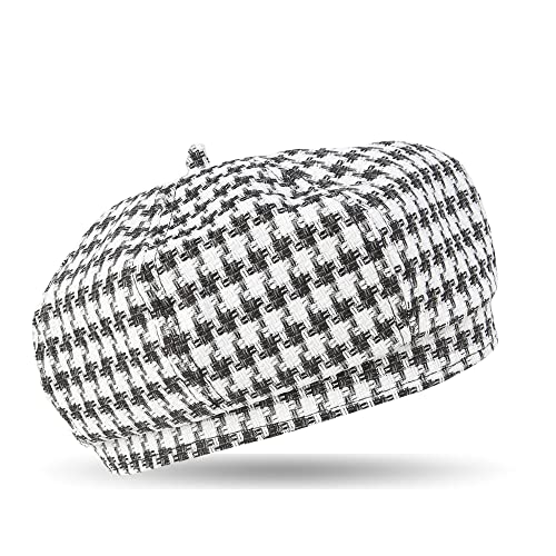 iSWEVEN French Beret Cap All Season Unisex Artist Newsboy Hats, Ascot Cotton British Style Adjustable Women's Caps, WBC8112A (White-Black, Free Size) - Image 1