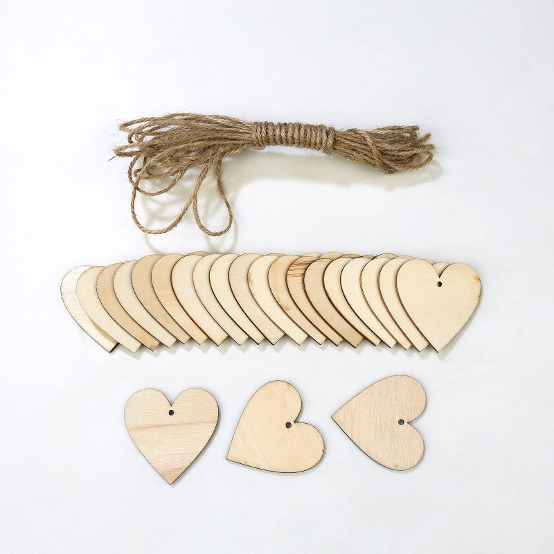 100 Pieces 2 Natural Heart Wood Slices DIY Wooden Ornaments Unfinished Predrilled Wooden Heart Embellishments with Natural Twine for Valentines Day WeddingThanksgiving Christmas