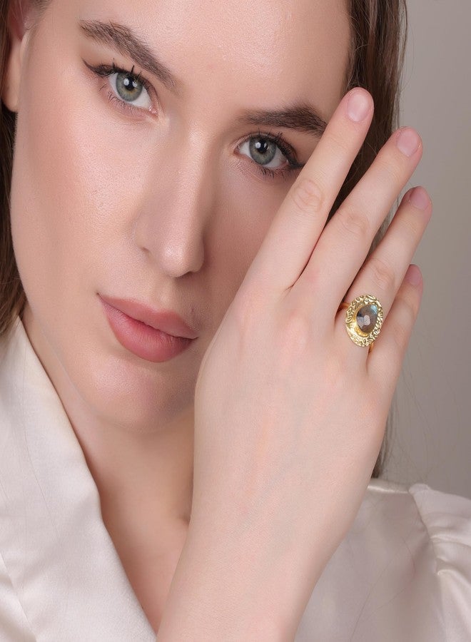 Dua DuaLabradorite Adjustable Pear Ring – Elegant Gold-Plated Brass Jewelry - Image 4