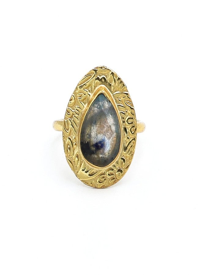 Dua DuaLabradorite Adjustable Pear Ring – Elegant Gold-Plated Brass Jewelry - Image 1