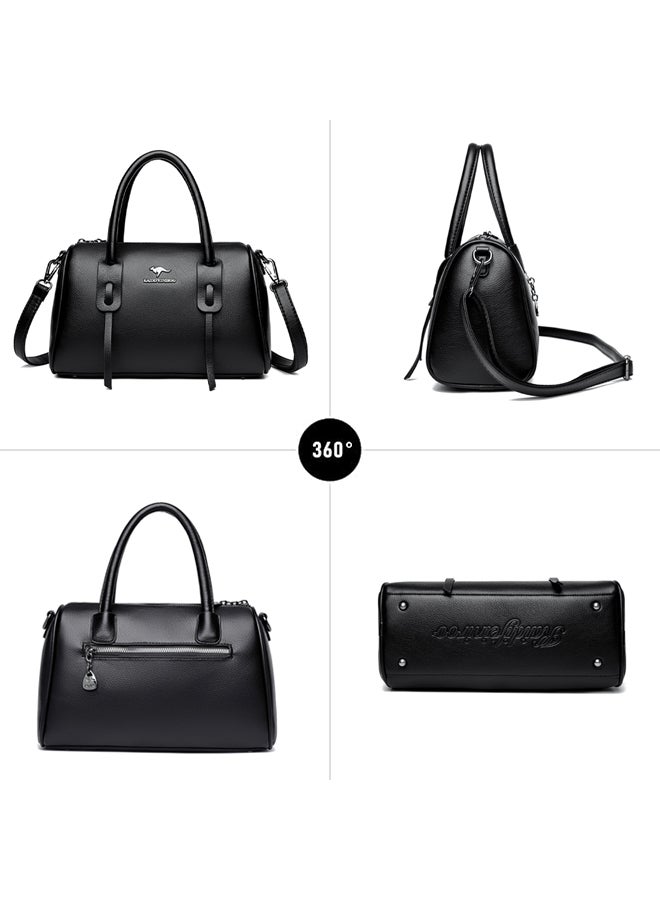 KAIDIFEINIROO Women's PU Large Capacity Multi Pocket Stitching Shoulder Crossbody Tote Satchel Handbag, Ladies Barrel Shape Top Handle with Detachable Strap Metal Feet for Teenager Youth Daily Casual Travel (Black) - Image 5