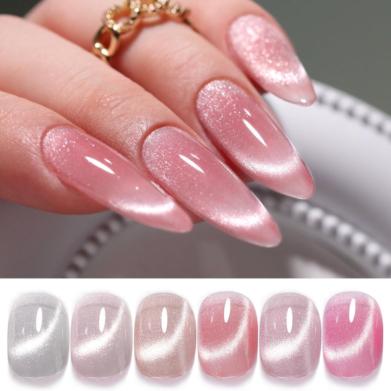 Double Rhythm 6 Colors Cat Eye Gel Polish Set Shimmer Glitter with Magnet Holographic Reflective Magnetic UV Nail Art Kit (6-Kit 14) - Image 1