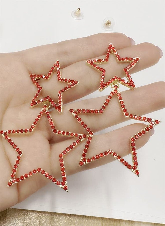 Dtja Rhinestone Big Star Dangle Earrings for Women Girls Hypoallergenic Crystal Long Tassel Stars Charms Drop Dangling Stud Fashion Lightweight Festival Christmas Birthday Party Jewelry Dainty Gifts for Friends Fans (Gold with Red Zircon) - Image 4