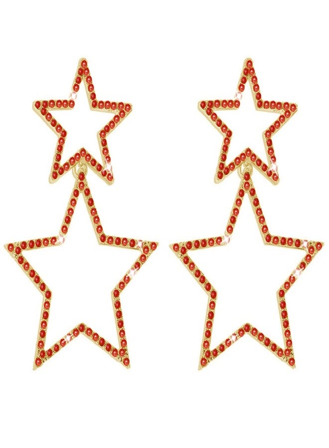 Dtja Rhinestone Big Star Dangle Earrings for Women Girls Hypoallergenic Crystal Long Tassel Stars Charms Drop Dangling Stud Fashion Lightweight Festival Christmas Birthday Party Jewelry Dainty Gifts for Friends Fans (Gold with Red Zircon) - Image 1