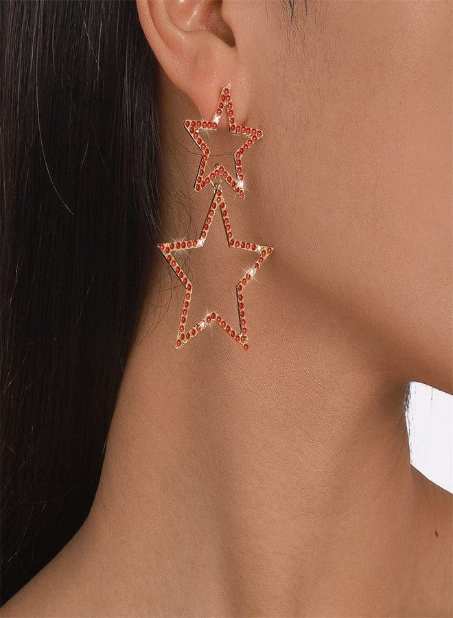 Dtja Rhinestone Big Star Dangle Earrings for Women Girls Hypoallergenic Crystal Long Tassel Stars Charms Drop Dangling Stud Fashion Lightweight Festival Christmas Birthday Party Jewelry Dainty Gifts for Friends Fans (Gold with Red Zircon) - Image 2