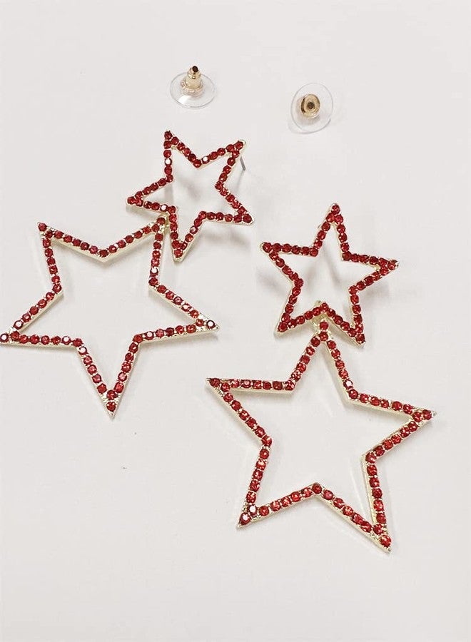 Dtja Rhinestone Big Star Dangle Earrings for Women Girls Hypoallergenic Crystal Long Tassel Stars Charms Drop Dangling Stud Fashion Lightweight Festival Christmas Birthday Party Jewelry Dainty Gifts for Friends Fans (Gold with Red Zircon) - Image 5