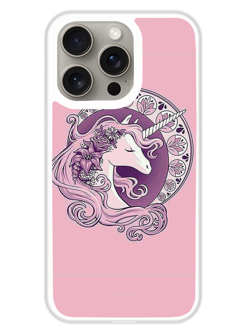 Theodor Protective Case Cover For APPLE IPHONE 15 Pro Pink Unicorn  (White Bumper) - Image 1