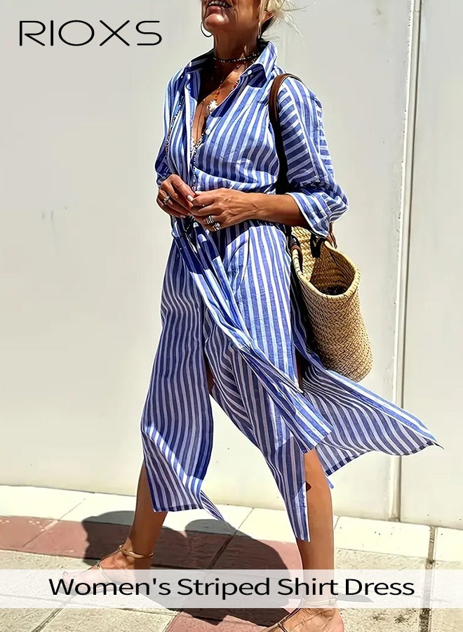 RIOXS Women's Striped Shirt Dress, Lapel 3/4 Sleeve Button Down Dresses, Casual Split Belted Vacation Maxi Dress, Ladies Loose Shirt Dress with Pocket, Trendy Semi-Formal Dresses, Oversized T Shirt Dress with Long Wide Waistband, Flattering Dresses for School Home and Daily Wear, Hawaiian Women Dress Blue - Image 3