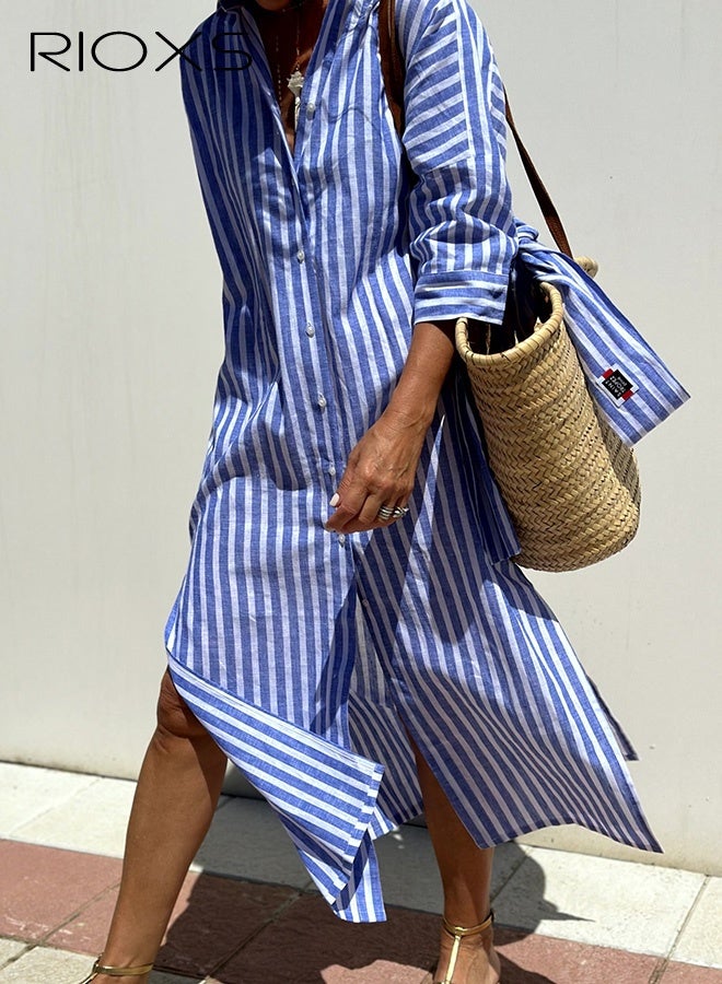 RIOXS Women's Striped Shirt Dress, Lapel 3/4 Sleeve Button Down Dresses, Casual Split Belted Vacation Maxi Dress, Ladies Loose Shirt Dress with Pocket, Trendy Semi-Formal Dresses, Oversized T Shirt Dress with Long Wide Waistband, Flattering Dresses for School Home and Daily Wear, Hawaiian Women Dress Blue - Image 2