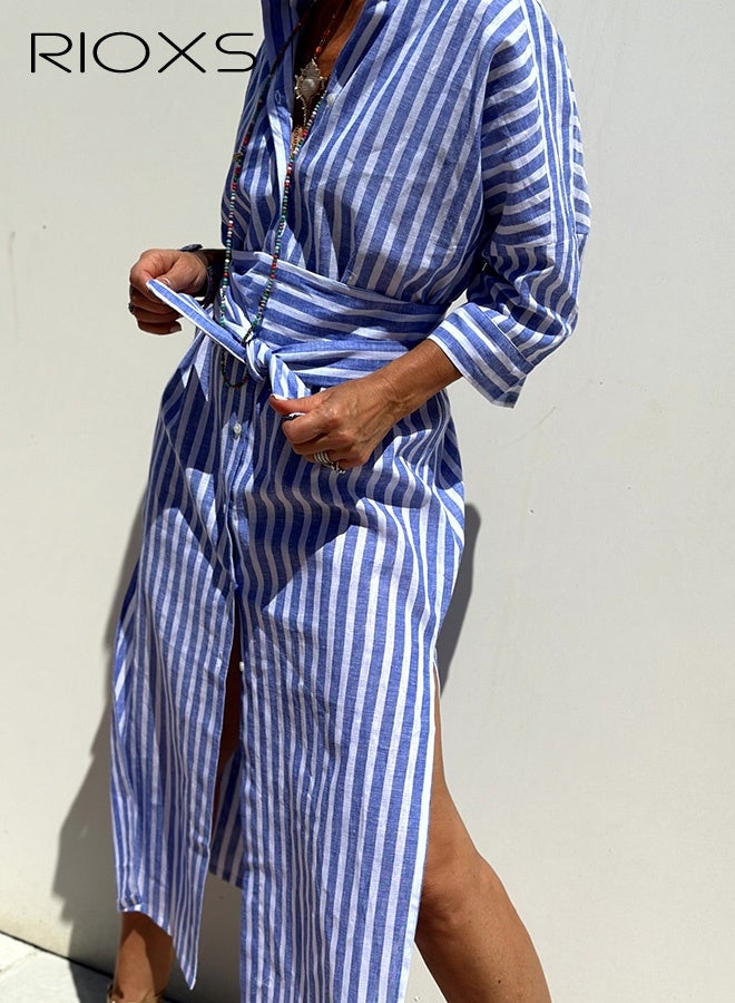 RIOXS Women's Striped Shirt Dress, Lapel 3/4 Sleeve Button Down Dresses, Casual Split Belted Vacation Maxi Dress, Ladies Loose Shirt Dress with Pocket, Trendy Semi-Formal Dresses, Oversized T Shirt Dress with Long Wide Waistband, Flattering Dresses for School Home and Daily Wear, Hawaiian Women Dress Blue - Image 5